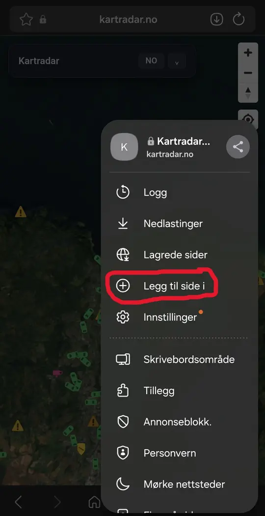 Menyen i Samsung Internet er åpen, og valget «Legg til side i» er ringet inn med rødt.